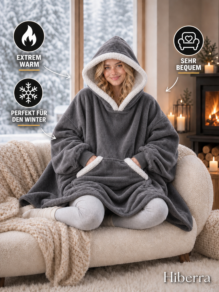 Frau im grauen Hiberra Kuschelhoodie auf dem Sofa – extra warm, sehr bequem, perfekt für den Winter – Farbe Grau