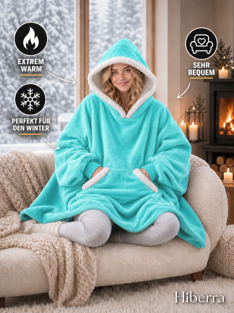 Frau im mintgrünen Hiberra Kuschelhoodie auf dem Sofa – extra warm, sehr bequem, perfekt für den Winter – Farbe Mintgrün