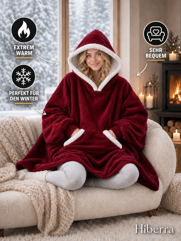 Frau im weinroten Hiberra Kuschelhoodie auf dem Sofa – extra warm, sehr bequem, perfekt für den Winter – Farbe Weinrot