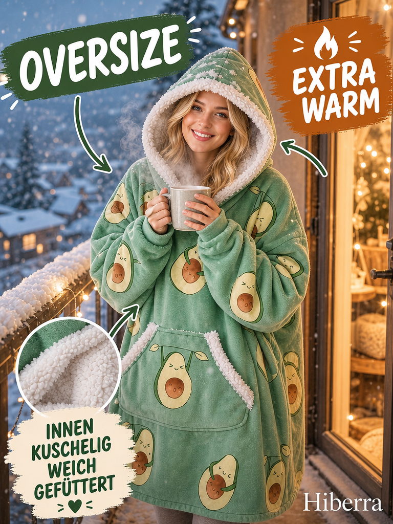 Frau steht auf dem Balkon im Hiberra Kuschelhoodie in Avocado-Print und hält eine Tasse – Farbe Avocado-Print