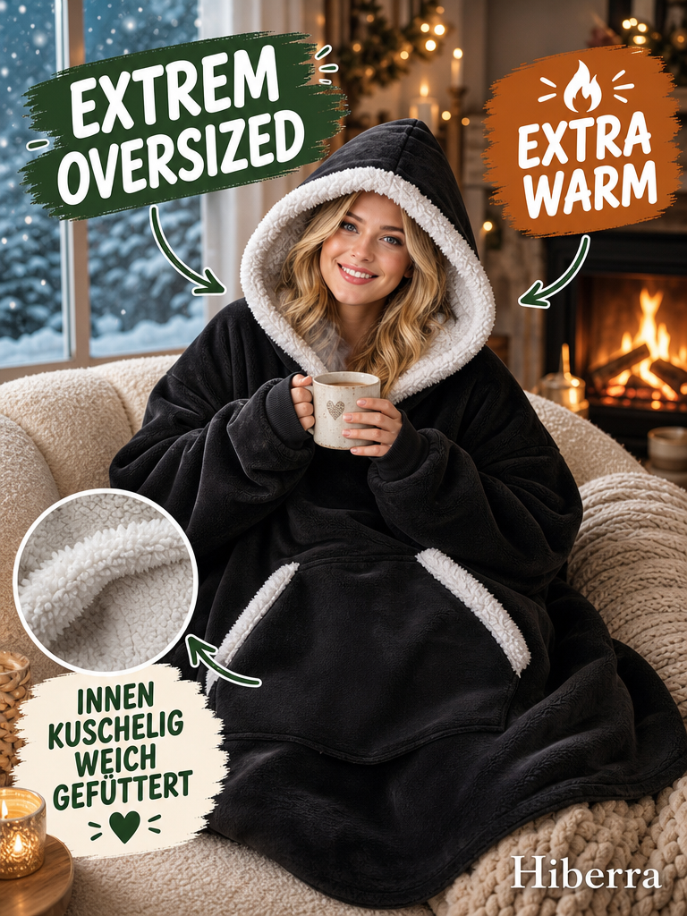 Frau auf dem Sofa im schwarzen Hiberra Kuschelhoodie – Farbe Schwarz