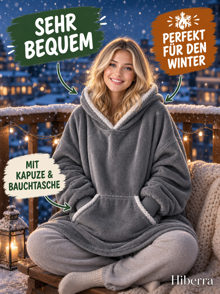 Frau sitzt auf dem Balkon im grauen Hiberra Kuschelhoodie – Farbe Grau