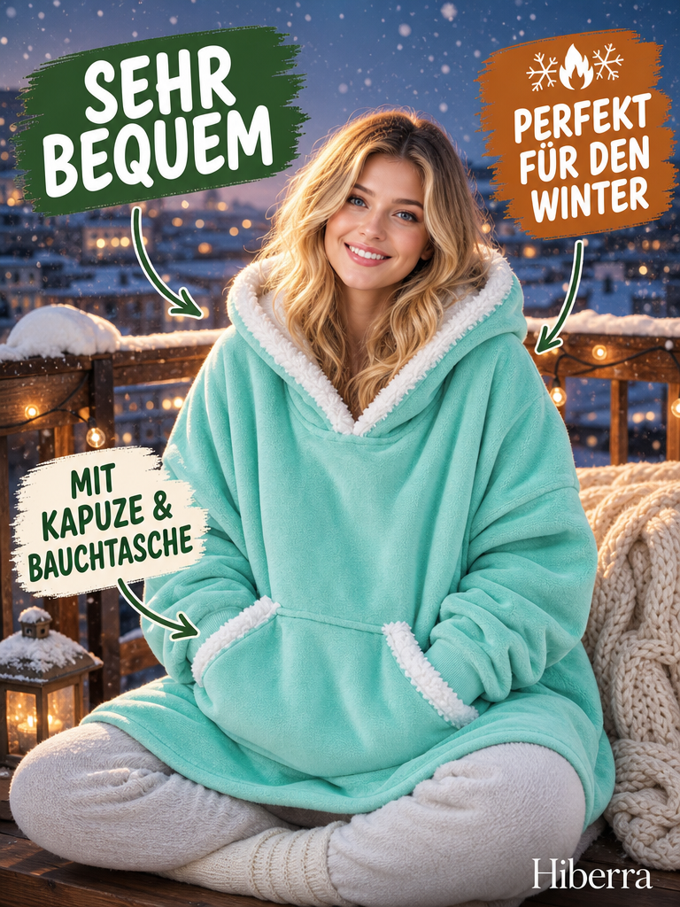 Frau sitzt auf dem Balkon im mintgrünen Hiberra Kuschelhoodie – Farbe Mintgrün