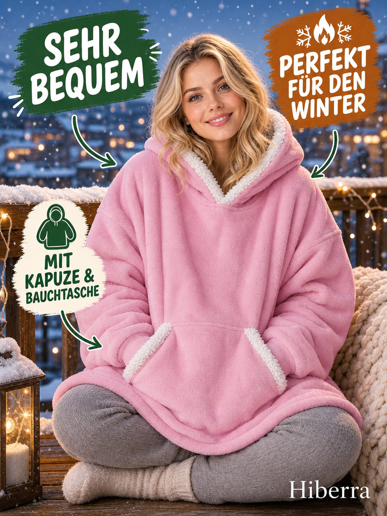 Frau sitzt auf dem Balkon im rosa Hiberra Kuschelhoodie – Farbe Rosa