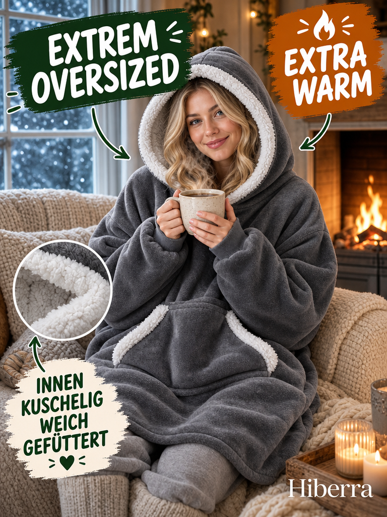 Frau auf dem Sofa im grauen Hiberra Kuschelhoodie – Farbe Grau