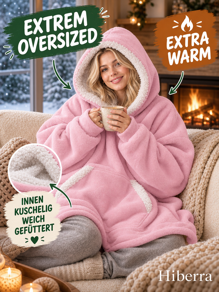 Frau auf dem Sofa im rosa Hiberra Kuschelhoodie – Farbe Rosa