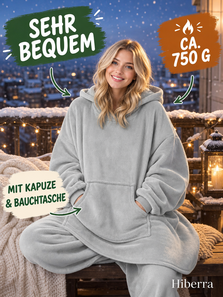 Frau in der hellgrauen Hiberra Hoodie-Decke sitzt auf dem verschneiten Balkon, ca. 750 g – Farbe Hellgrau