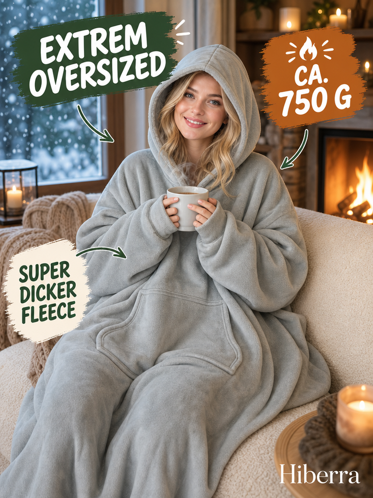 Frau in der hellgrauen Hiberra Hoodie-Decke mit Tee am Kamin, ca. 750 g – Farbe Hellgrau