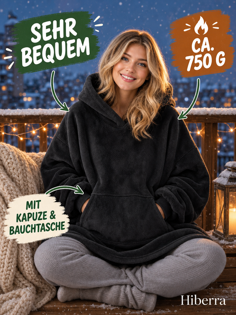 Frau in der schwarzen Hiberra Hoodie-Decke sitzt auf dem verschneiten Balkon, ca. 750 g – Farbe Schwarz