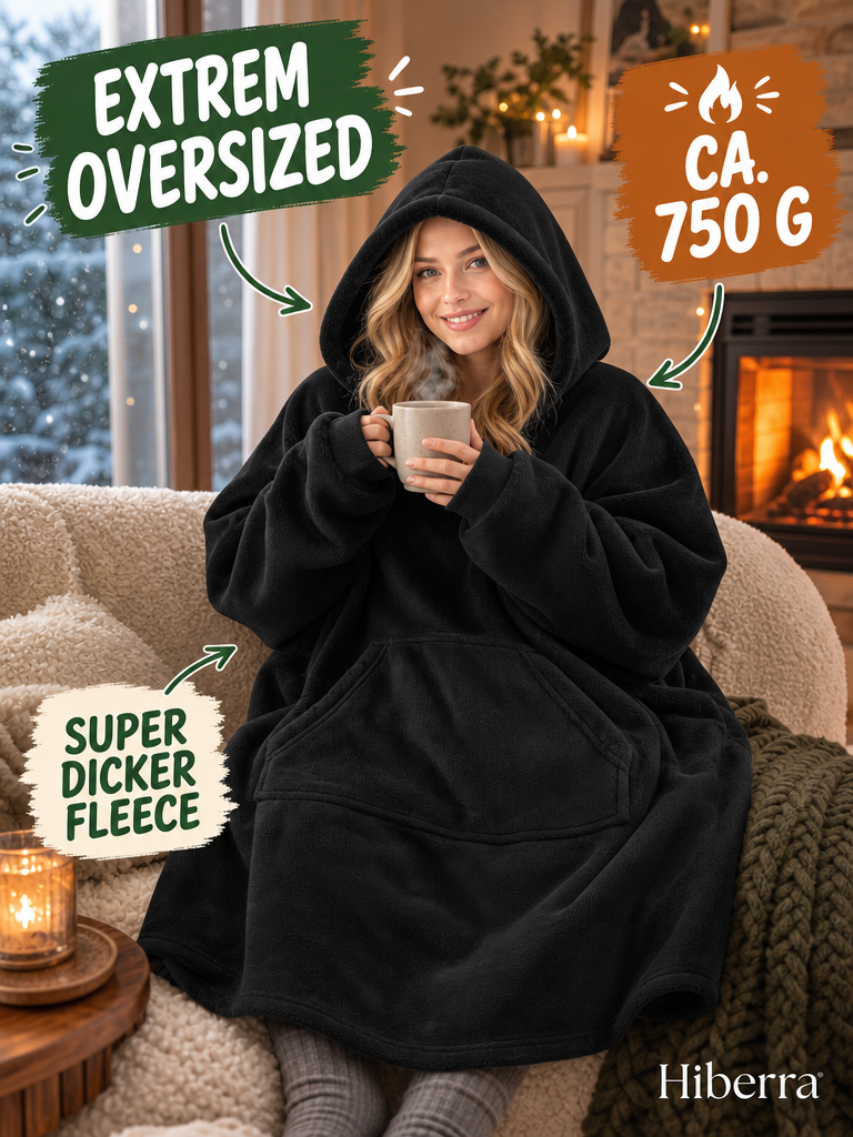 Frau in der schwarzen Hiberra Hoodie-Decke mit Tee am Kamin, ca. 750 g – Farbe Schwarz