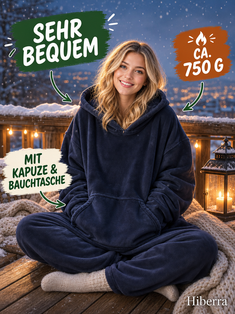 Frau in der marineblauen Hiberra Hoodie-Decke sitzt auf dem verschneiten Balkon, ca. 750 g – Farbe Marineblau