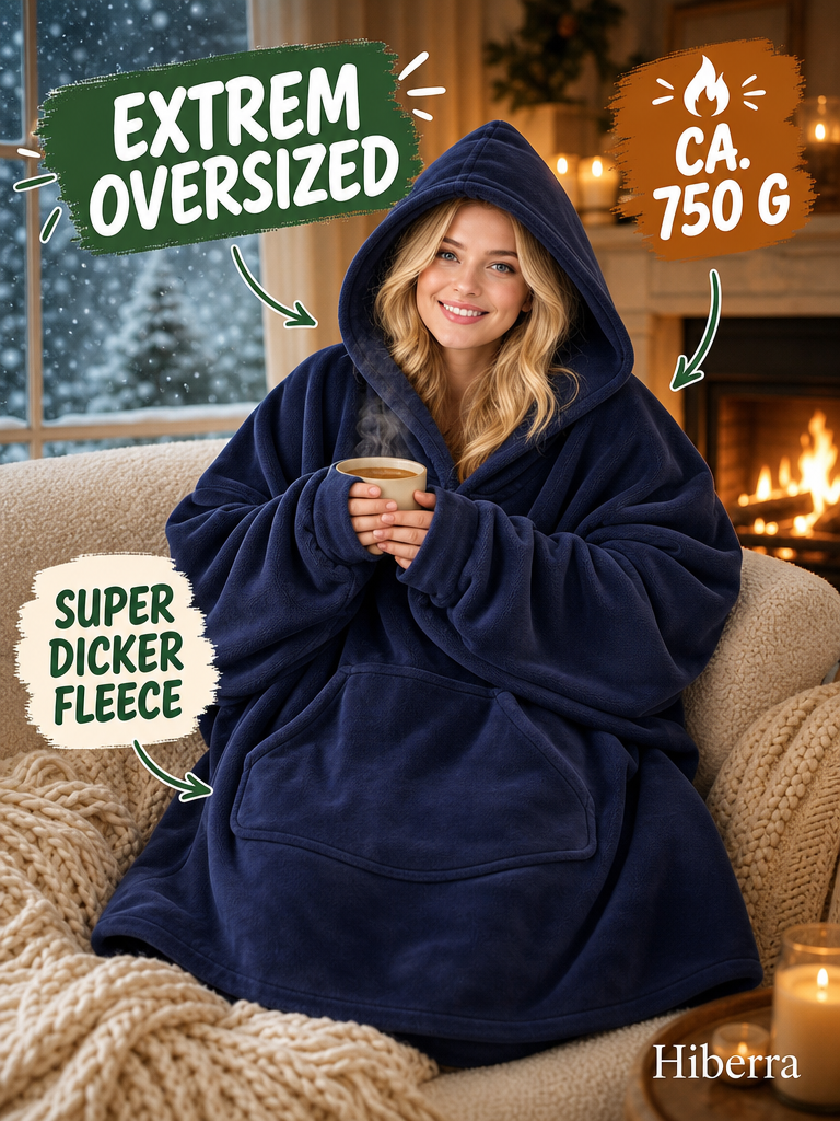 Frau in der marineblauen Hiberra Hoodie-Decke mit Tee am Kamin, ca. 750 g – Farbe Marineblau