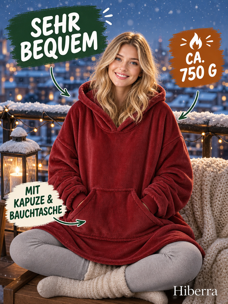 Frau in der weinroten Hiberra Hoodie-Decke sitzt auf dem verschneiten Balkon, ca. 750 g – Farbe Weinrot