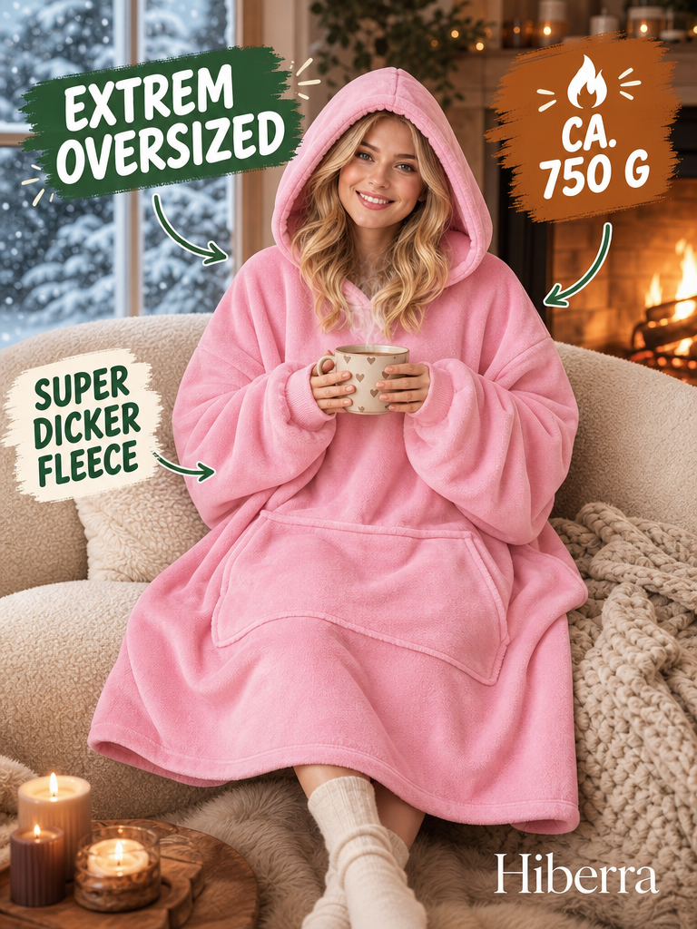 Frau in der rosa Hiberra Hoodie-Decke mit Tee am Kamin, ca. 750 g – Farbe Rosa