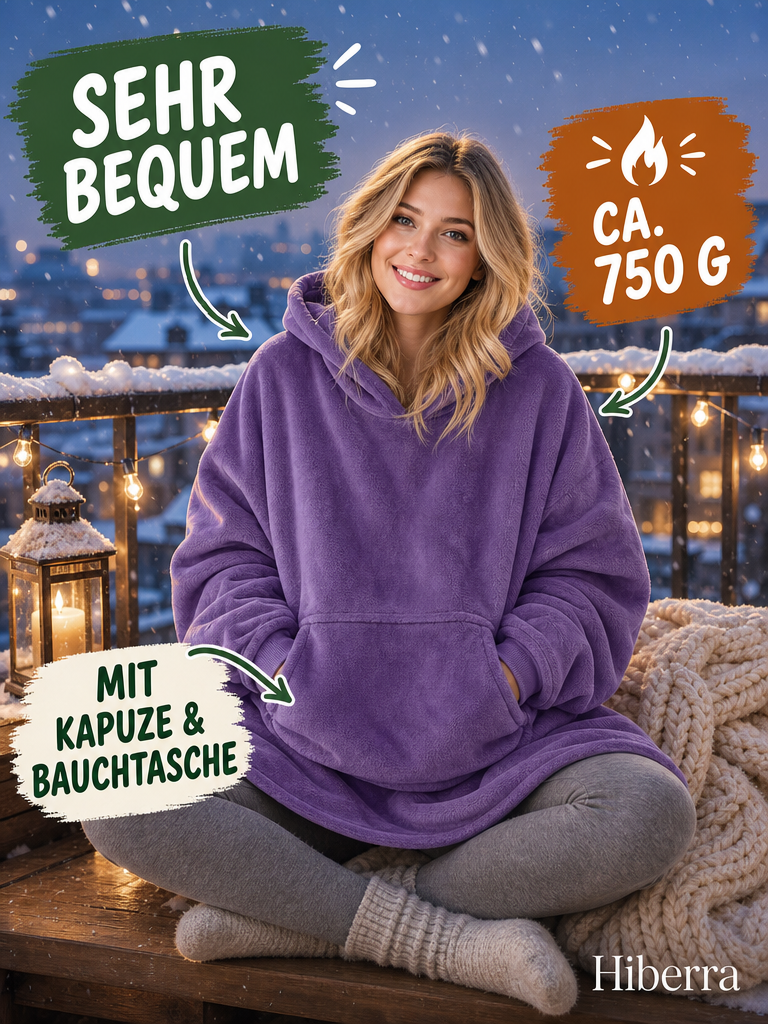 Frau in der lila Hiberra Hoodie-Decke sitzt auf dem verschneiten Balkon, ca. 750 g – Farbe Lila
