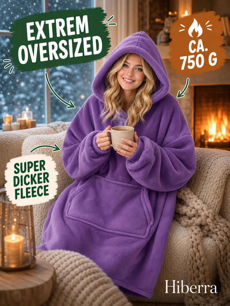 Frau in der lila Hiberra Hoodie-Decke mit Tee am Kamin, ca. 750 g – Farbe Lila