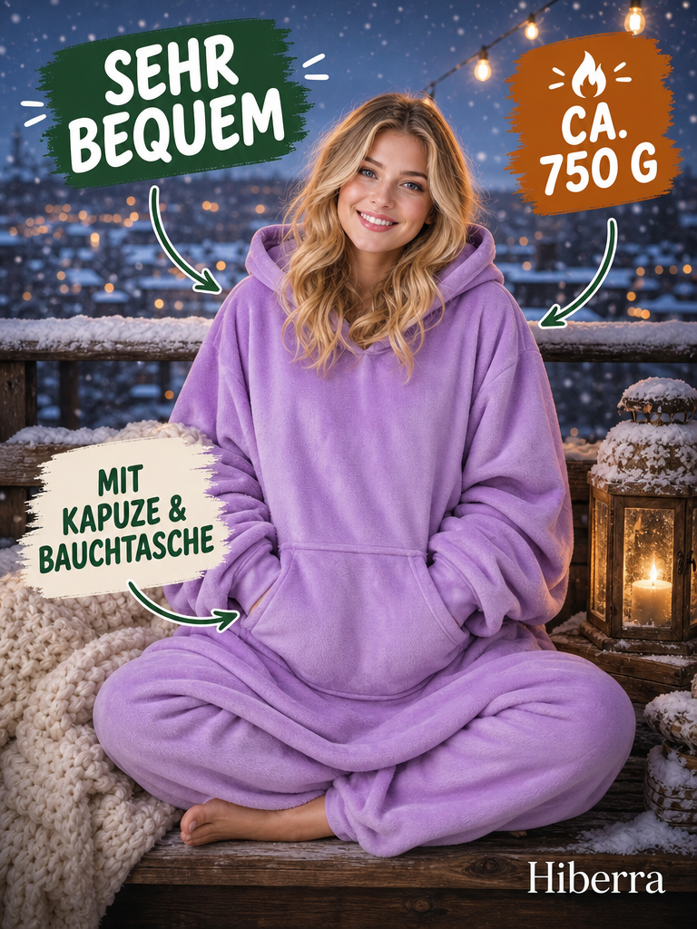 Frau in der fliederfarbenen Hiberra Hoodie-Decke sitzt auf dem verschneiten Balkon, ca. 750 g – Farbe Flieder