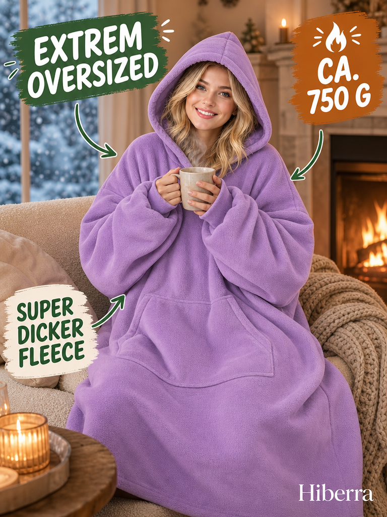 Frau in der fliederfarbenen Hiberra Hoodie-Decke mit Tee am Kamin, ca. 750 g – Farbe Flieder