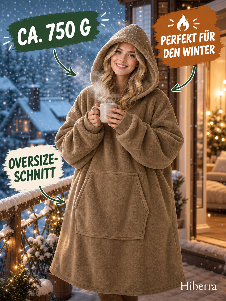 Frau in der khakifarbenen Hiberra Hoodie-Decke steht mit Tasse auf dem Balkon im Schnee, ca. 750 g – Farbe Khaki