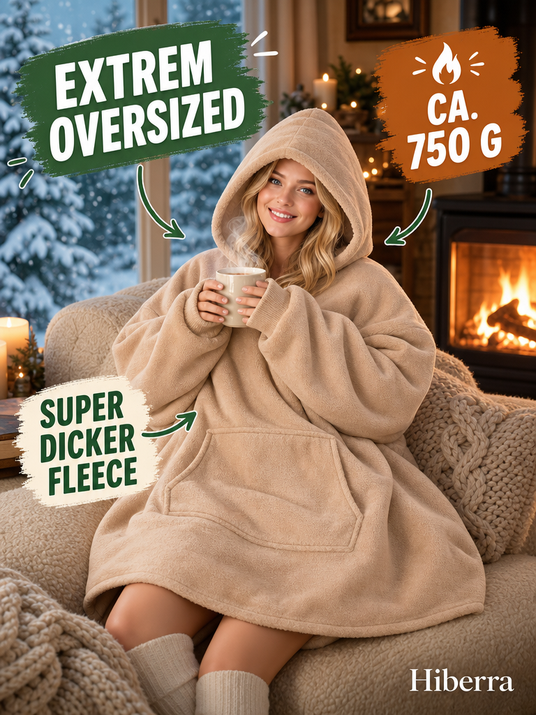 Frau in der beigen Hiberra Hoodie-Decke mit Tee am Kamin, ca. 750 g – Farbe Beige