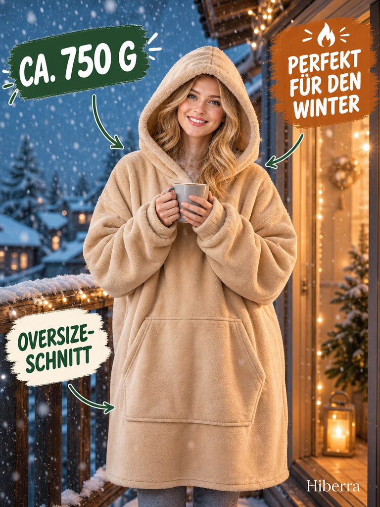 Frau in der beigen Hiberra Hoodie-Decke steht mit Tasse auf dem Balkon im Schnee, ca. 750 g – Farbe Beige