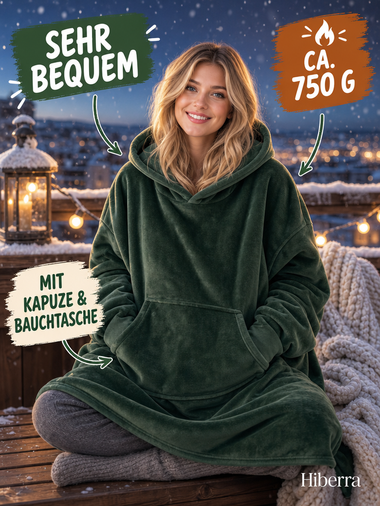 Frau in der dunkelgrünen Hiberra Hoodie-Decke sitzt auf dem verschneiten Balkon, ca. 750 g – Farbe Dunkelgrün