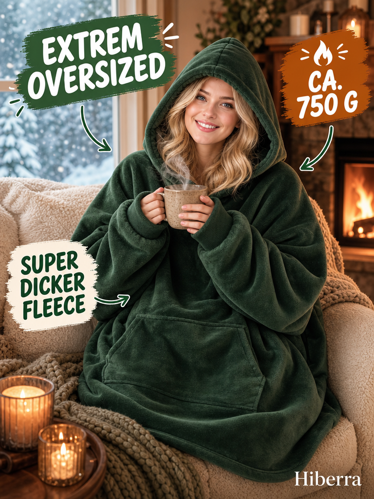 Frau in der dunkelgrünen Hiberra Hoodie-Decke mit Tee am Kamin, ca. 750 g – Farbe Dunkelgrün