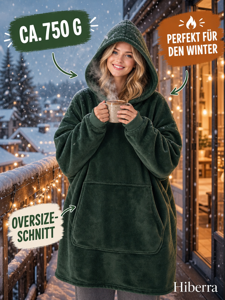 Frau in der dunkelgrünen Hiberra Hoodie-Decke steht mit Tasse auf dem Balkon im Schnee, ca. 750 g – Farbe Dunkelgrün