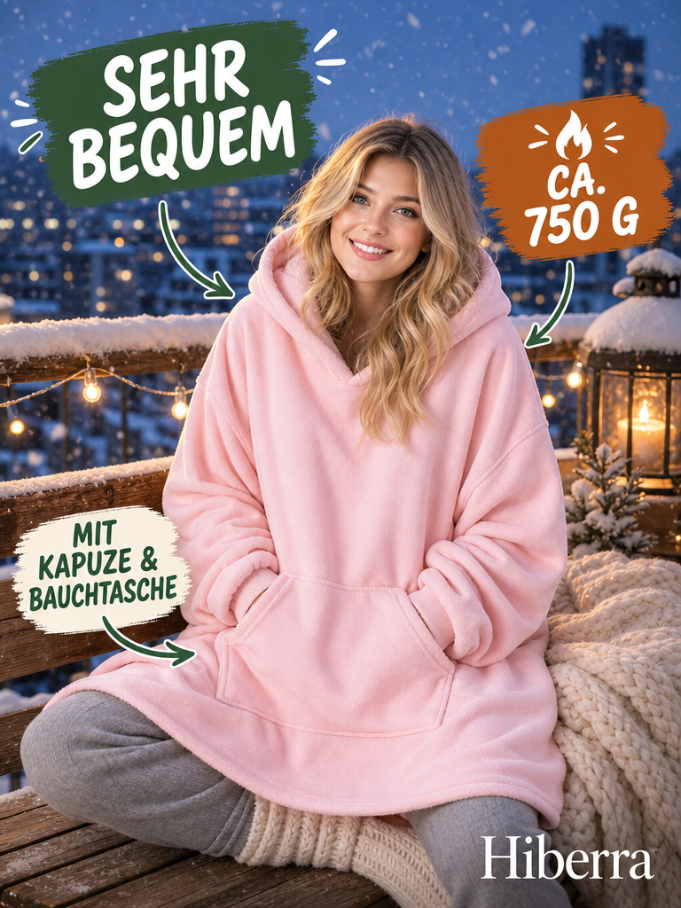 Frau in der puderrosa Hiberra Hoodie-Decke sitzt auf dem verschneiten Balkon, ca. 750 g – Farbe Puderrosa