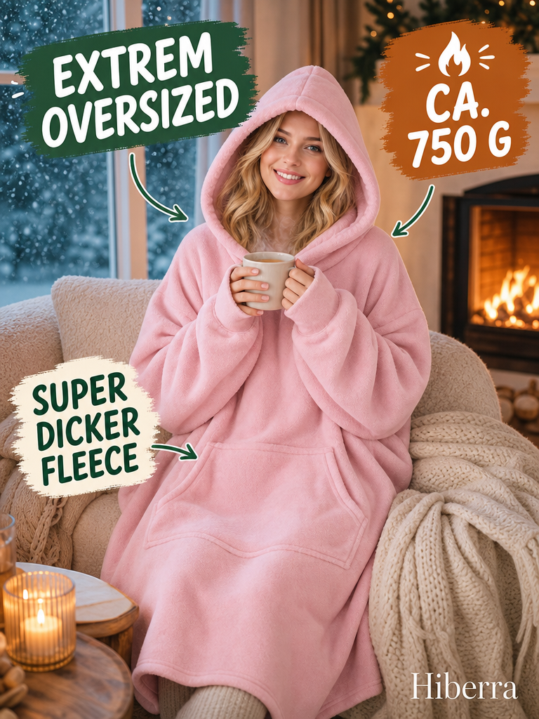 Frau in der puderrosa Hiberra Hoodie-Decke mit Tee am Kamin, ca. 750 g – Farbe Puderrosa