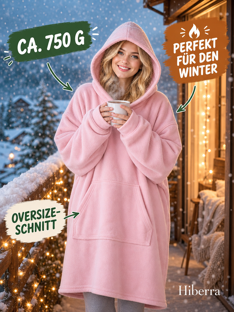 Frau in der puderrosa Hiberra Hoodie-Decke steht mit Tasse auf dem Balkon im Schnee, ca. 750 g – Farbe Puderrosa