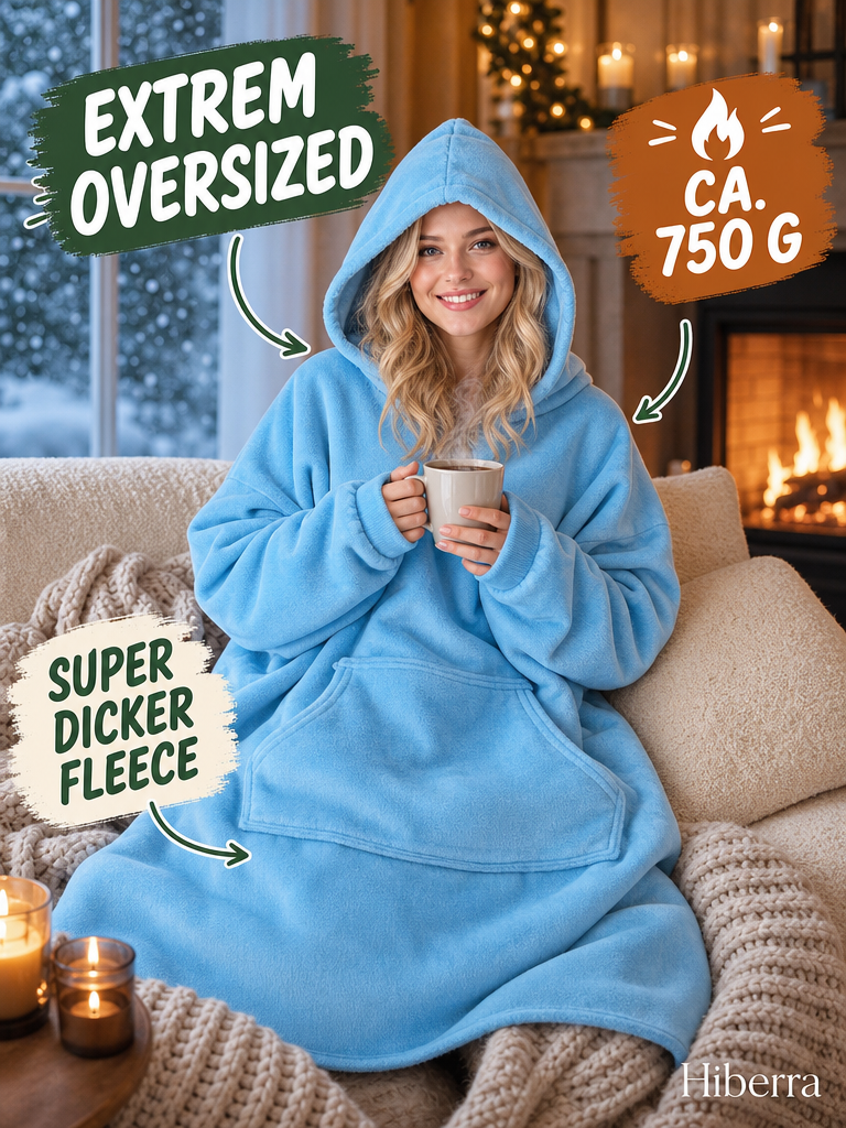 Frau in der hellblauen Hiberra Hoodie-Decke mit Tee am Kamin, ca. 750 g – Farbe Hellblau