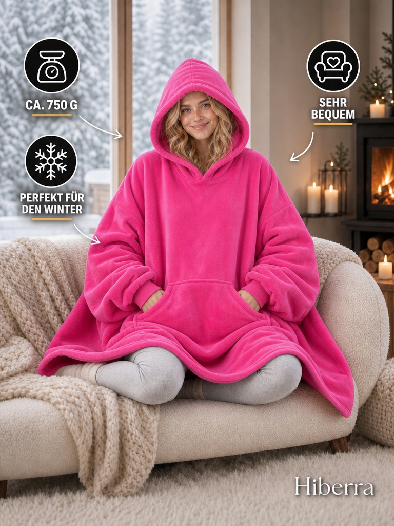 Frau in der pinken Hiberra Hoodie-Decke auf dem Sofa, ca. 750 g – Farbe Pink