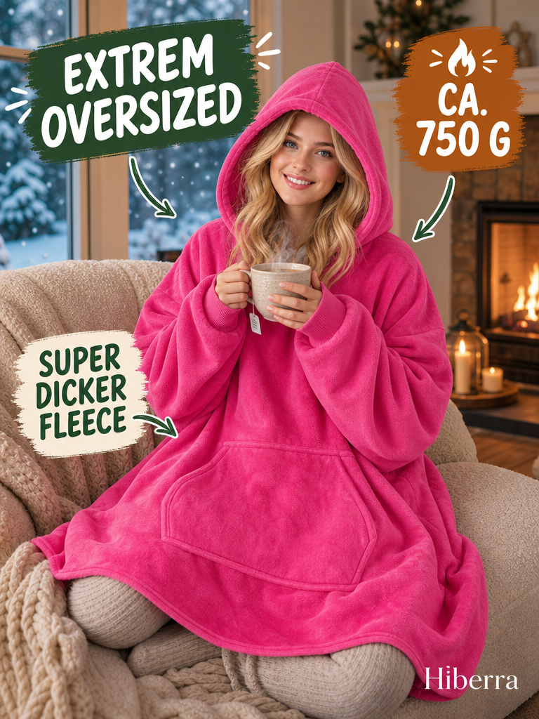 Frau in der pinken Hiberra Hoodie-Decke mit Tee am Kamin, ca. 750 g – Farbe Pink