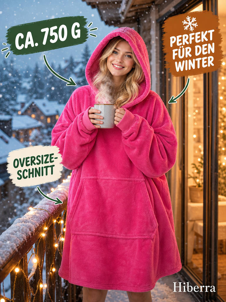 Frau in der pinken Hiberra Hoodie-Decke steht mit Tasse auf dem Balkon im Schnee, ca. 750 g – Farbe Pink