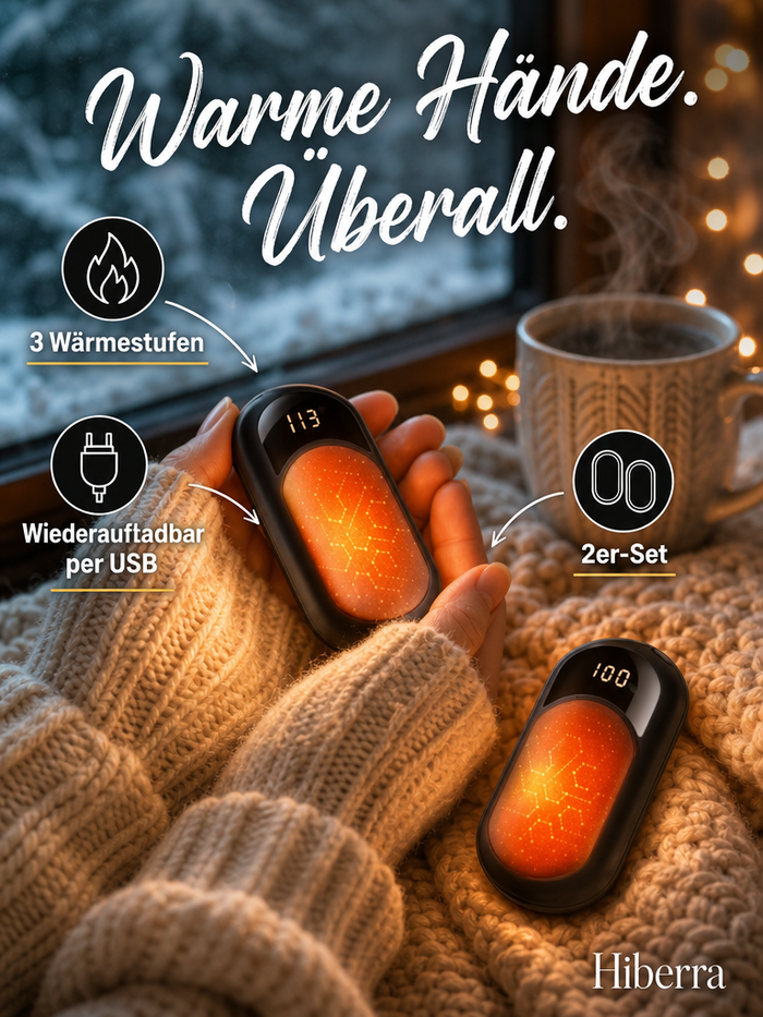 Hiberra Handwärmer 2er-Set mit 3 Wärmestufen, wiederaufladbar per USB – in den Händen