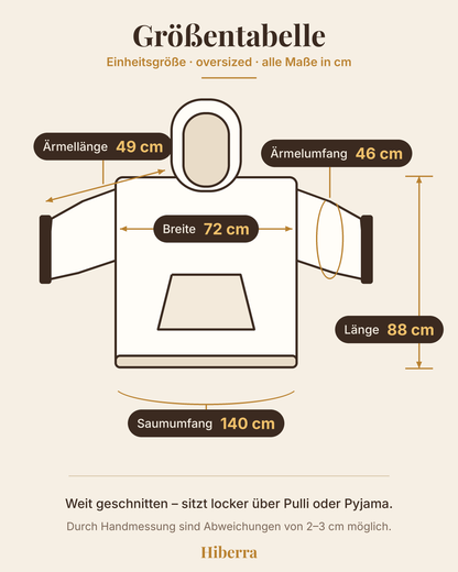 Größentabelle Hiberra Hoodie-Decke 750 g: Länge 88 cm, Breite 72 cm, Ärmellänge 49 cm, Ärmelumfang 46 cm, Saumumfang 140 cm
